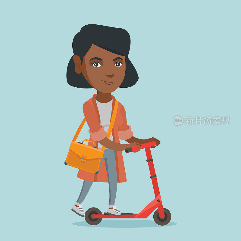 Young african business woman riding kick scooter